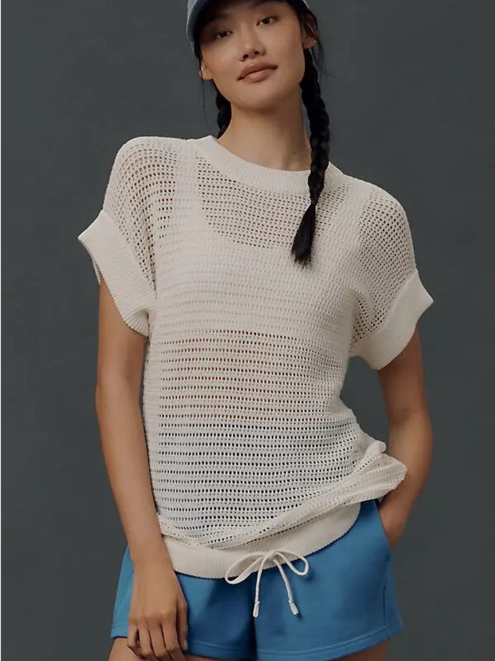 Varley Cream Open-Weave Short-Sleeve Knit Top